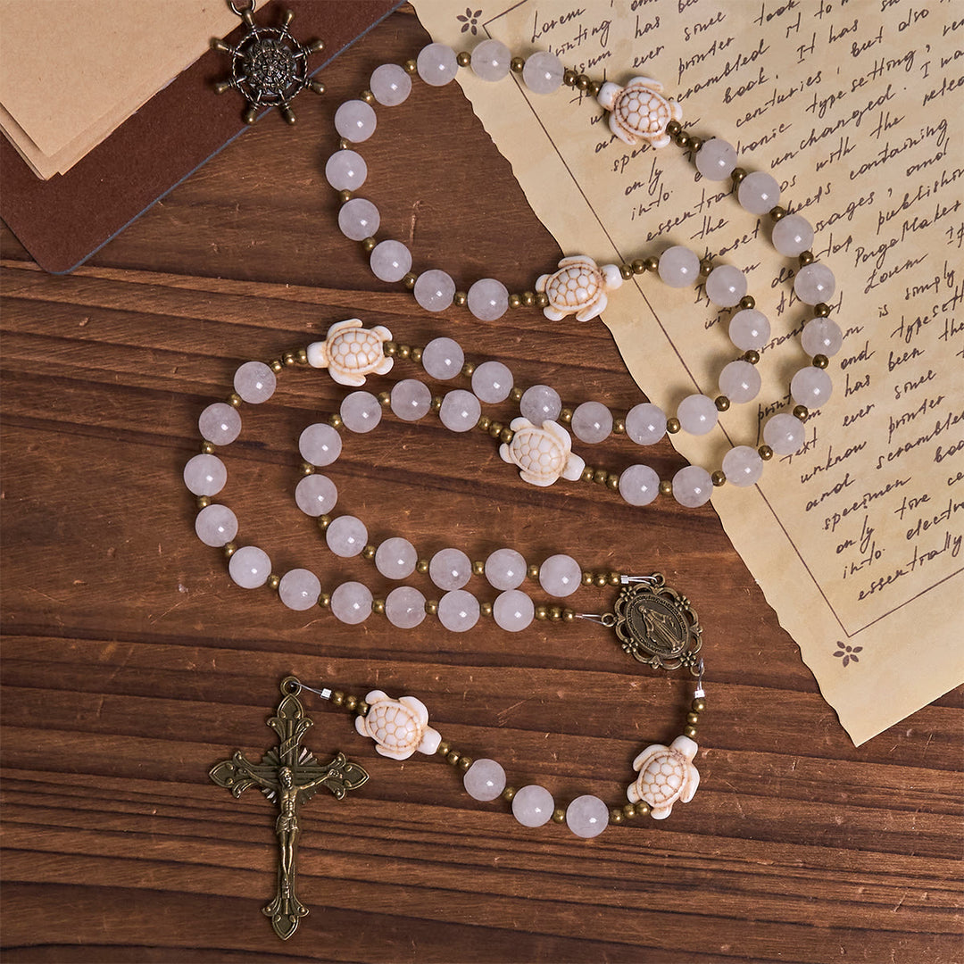 Christianartworkshop Serene White Quartz and Sacred Turtle Prayer Rosary with Miraculous Medal - image 3