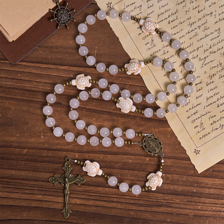 Christianartworkshop Serene White Quartz and Sacred Turtle Prayer Rosary with Miraculous Medal - image 3