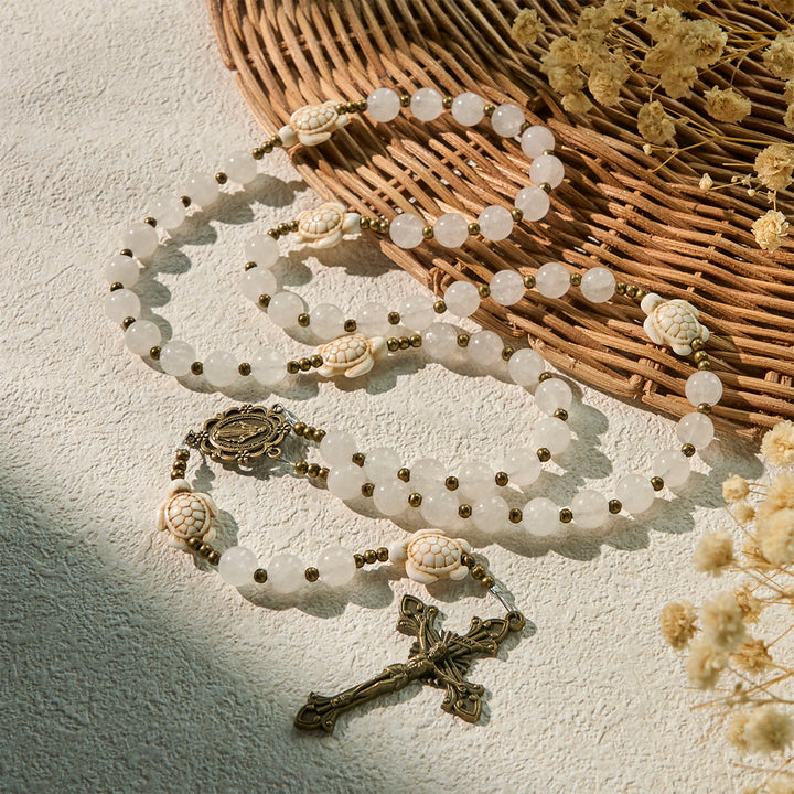 Christianartworkshop Serene White Quartz and Sacred Turtle Prayer Rosary with Miraculous Medal - image 5