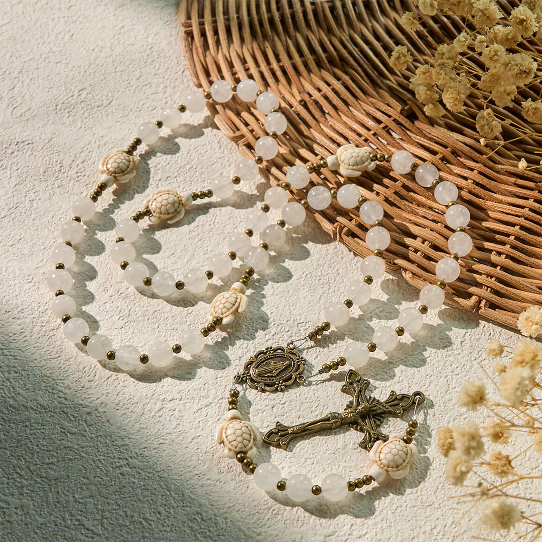 Christianartworkshop Serene White Quartz and Sacred Turtle Prayer Rosary with Miraculous Medal - image 6