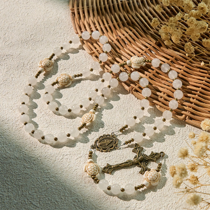 Christianartworkshop Serene White Quartz and Sacred Turtle Prayer Rosary with Miraculous Medal - image 6