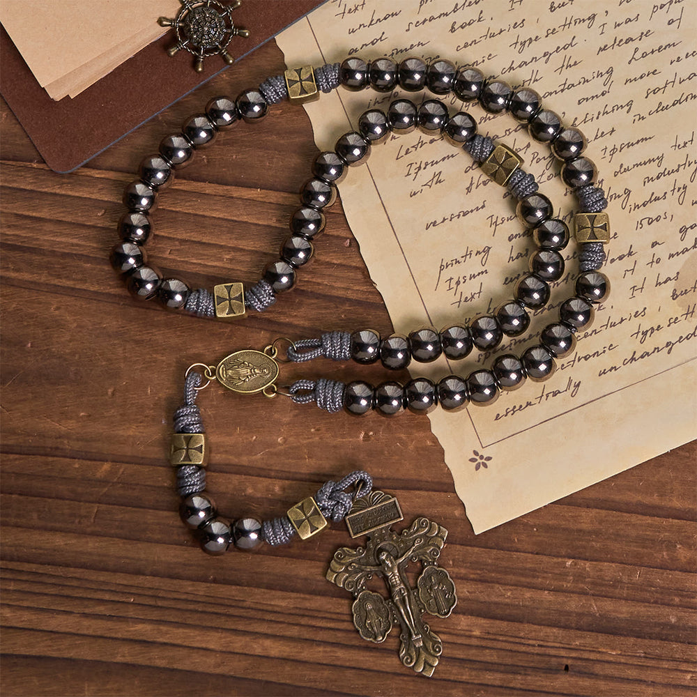 Miraculous Medal & Crucifix of 8 mm Round Silver Black Gallstone Nylon Cord Rosary - image 2