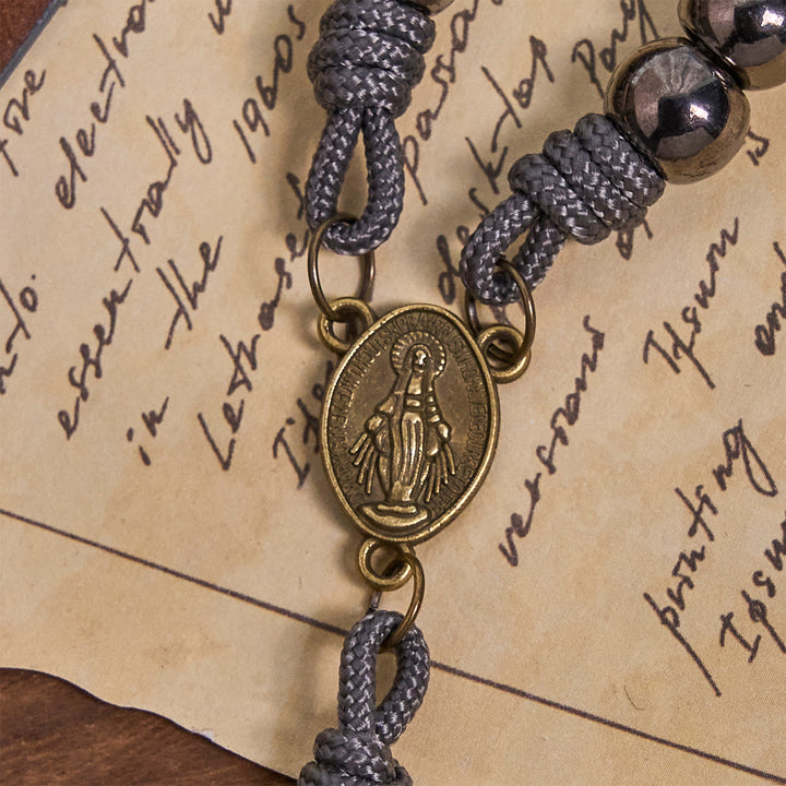 Miraculous Medal & Crucifix of 8 mm Round Silver Black Gallstone Nylon Cord Rosary - image 8