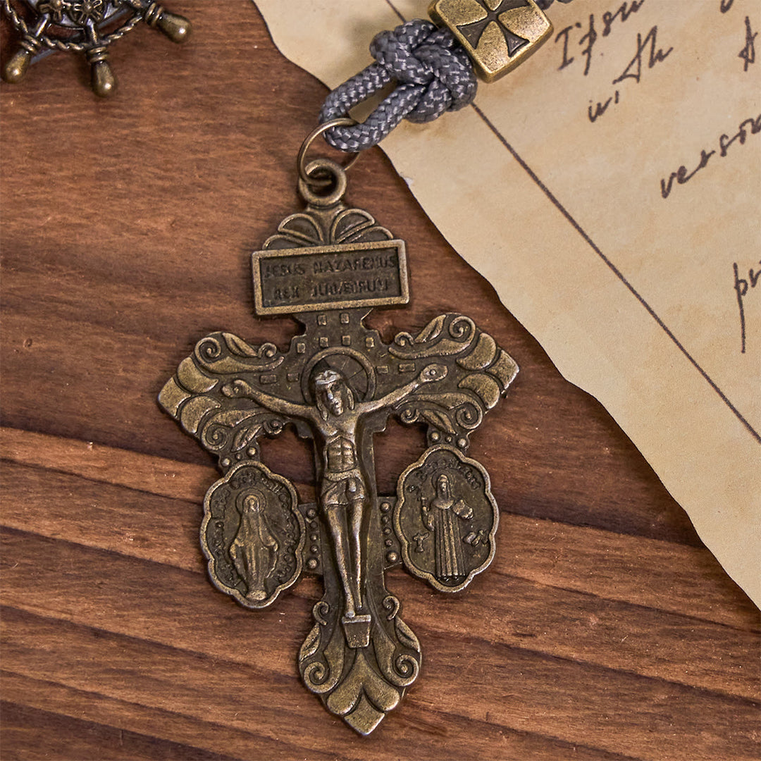 Miraculous Medal & Crucifix of 8 mm Round Silver Black Gallstone Nylon Cord Rosary - image 9