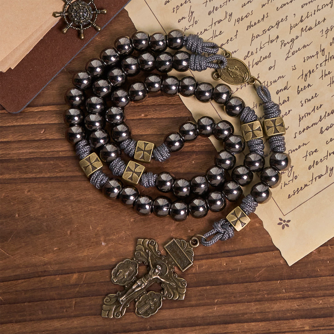 Miraculous Medal & Crucifix of 8 mm Round Silver Black Gallstone Nylon Cord Rosary - image 3