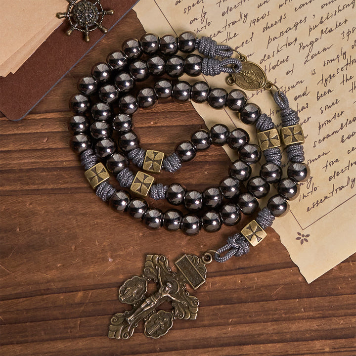 Miraculous Medal & Crucifix of 8 mm Round Silver Black Gallstone Nylon Cord Rosary - image 3
