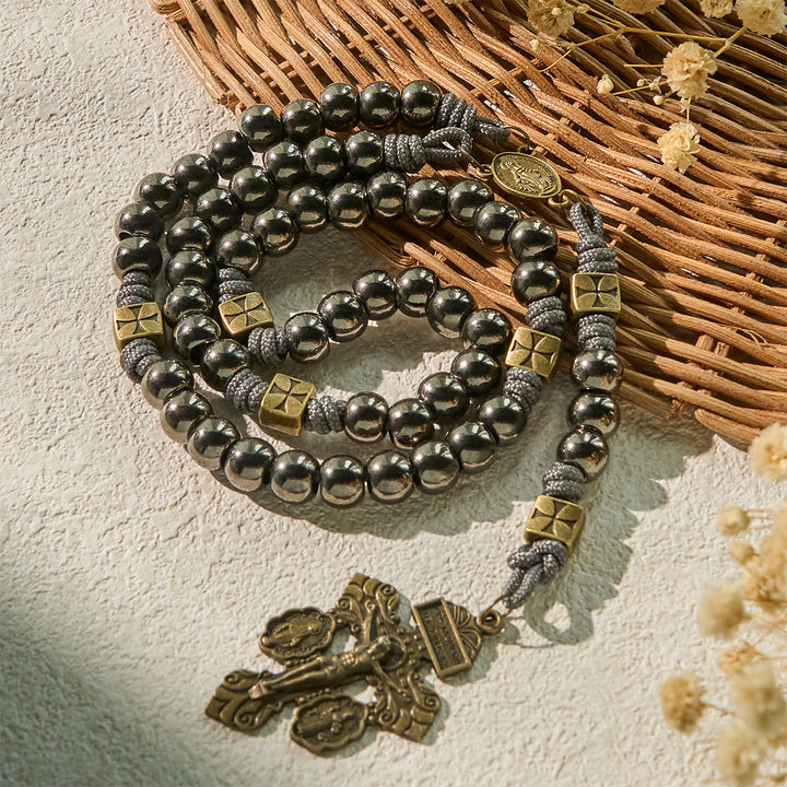 Miraculous Medal & Crucifix of 8 mm Round Silver Black Gallstone Nylon Cord Rosary - image 5