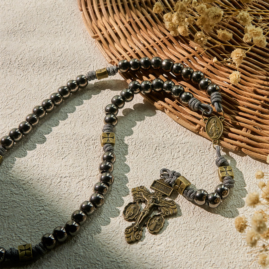 Miraculous Medal & Crucifix of 8 mm Round Silver Black Gallstone Nylon Cord Rosary - image 10