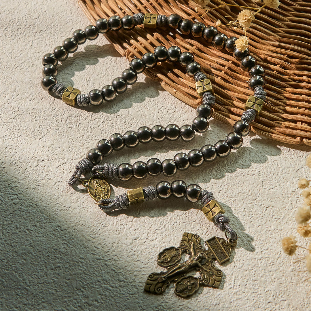 Miraculous Medal & Crucifix of 8 mm Round Silver Black Gallstone Nylon Cord Rosary - image 6