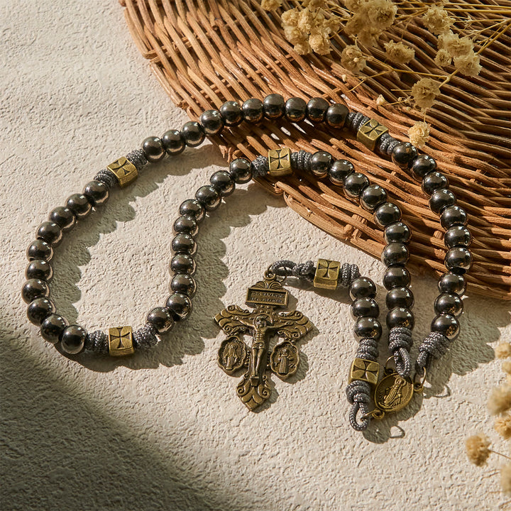 Miraculous Medal & Crucifix of 8 mm Round Silver Black Gallstone Nylon Cord Rosary - image 4