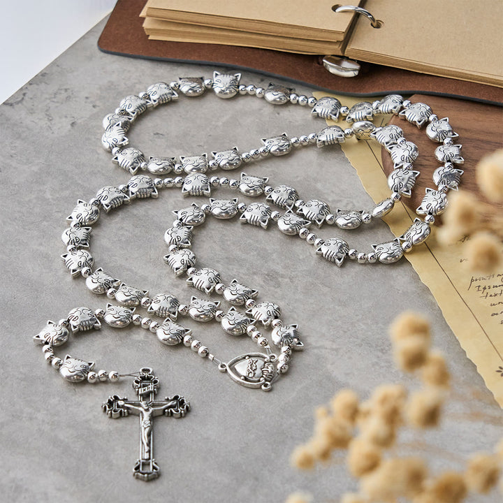 Christianartworkshop Unique Cat Face Stainless Steel Rosary with Sacred Heart Centerpiece - Cat Rosary - image 1