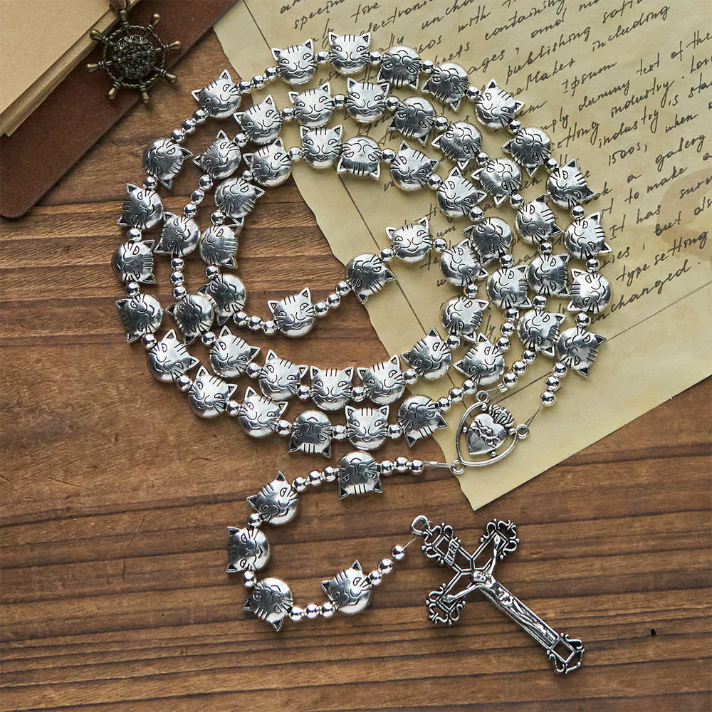 Christianartworkshop Unique Cat Face Stainless Steel Rosary with Sacred Heart Centerpiece - image 2