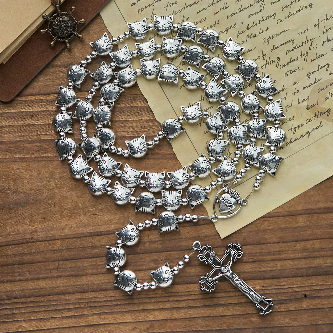 Christianartworkshop Unique Cat Face Stainless Steel Rosary with Sacred Heart Centerpiece - image 2