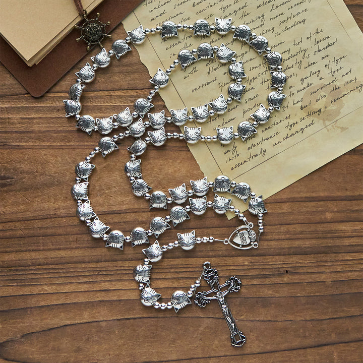 Christianartworkshop Unique Cat Face Stainless Steel Rosary with Sacred Heart Centerpiece - image 3