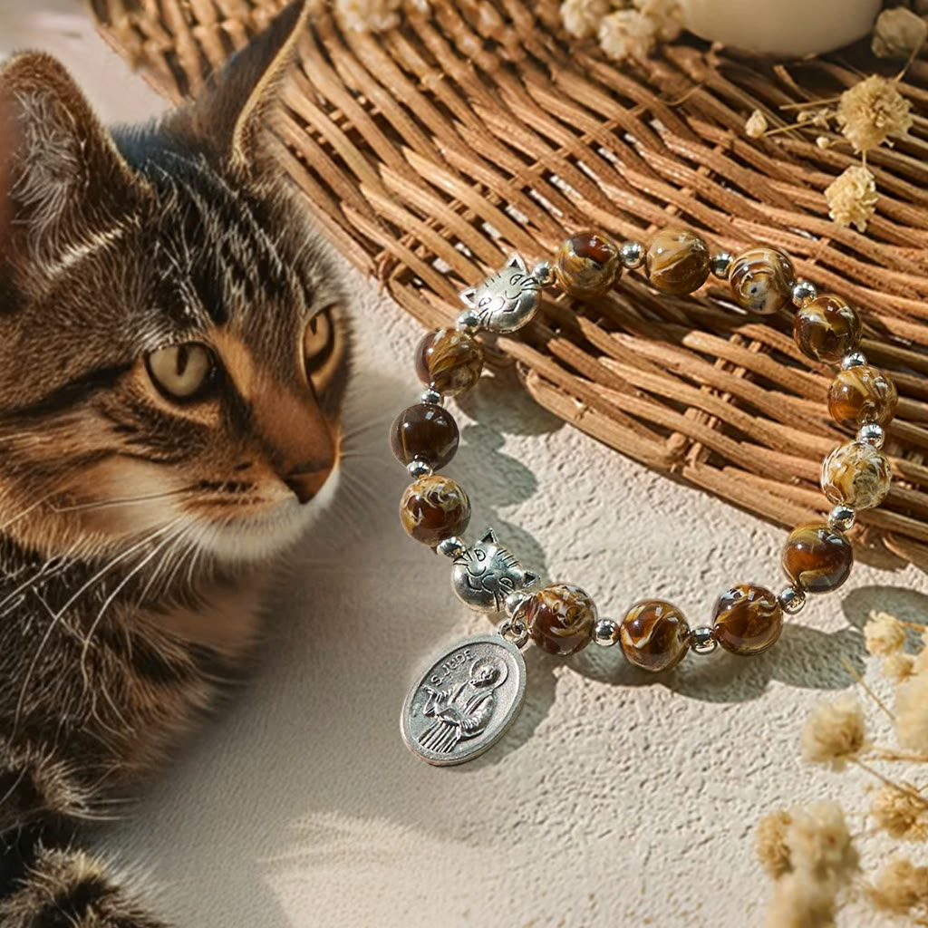 Christianartworkshop Brown Tabby Cat Rosary Bracelet with Amber Beads: Pray with Gentle Memorial Grace - Tabby Cat Rosary Bracelet - image 1