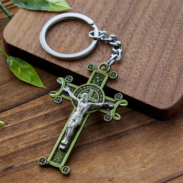 Christianartworkshop Antique Green & Antique Silver Crucifix with St. Benedict Keychain - Antique Green - image 1