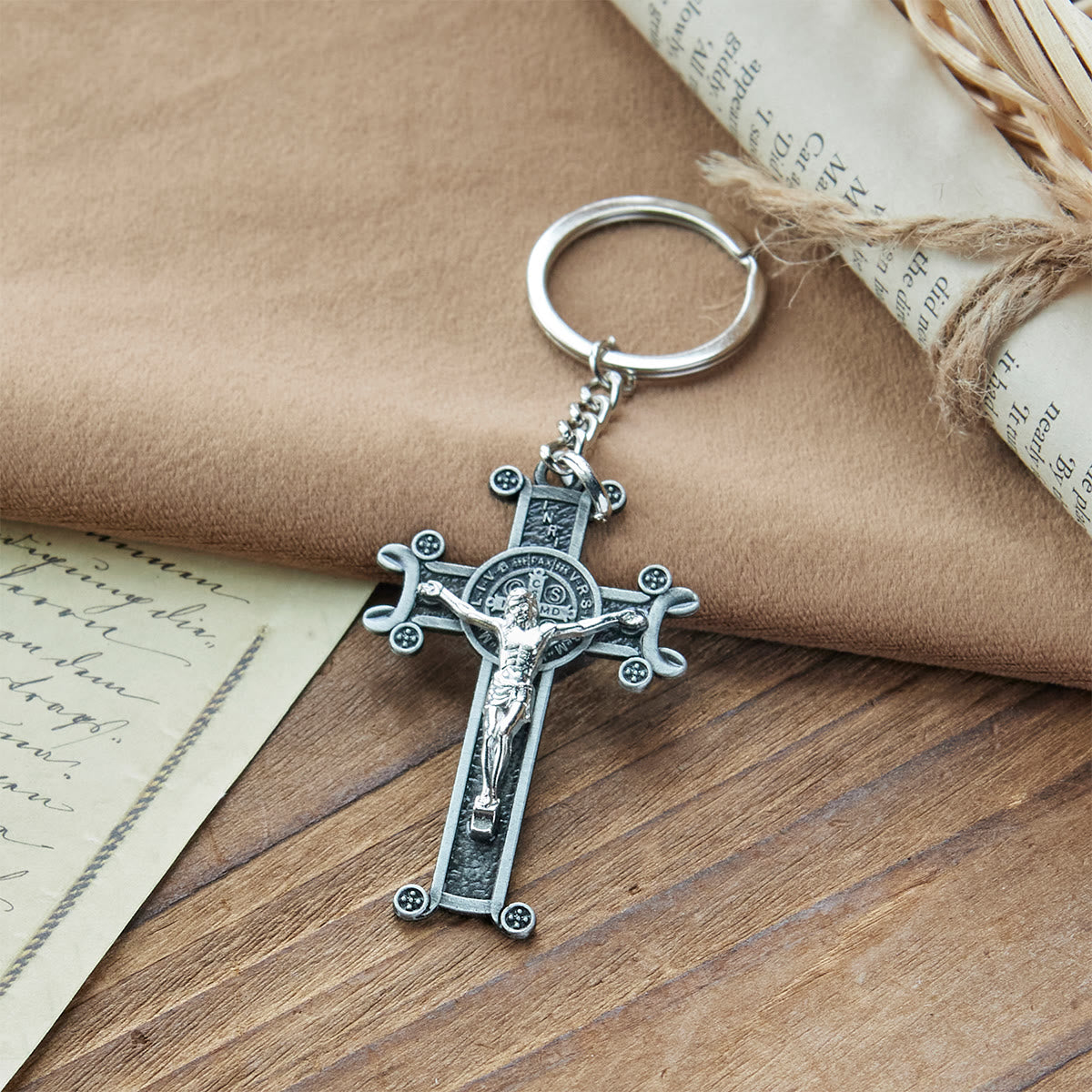 Antique Green & Silver Crucifix Keychain with St. Benedict Medal
