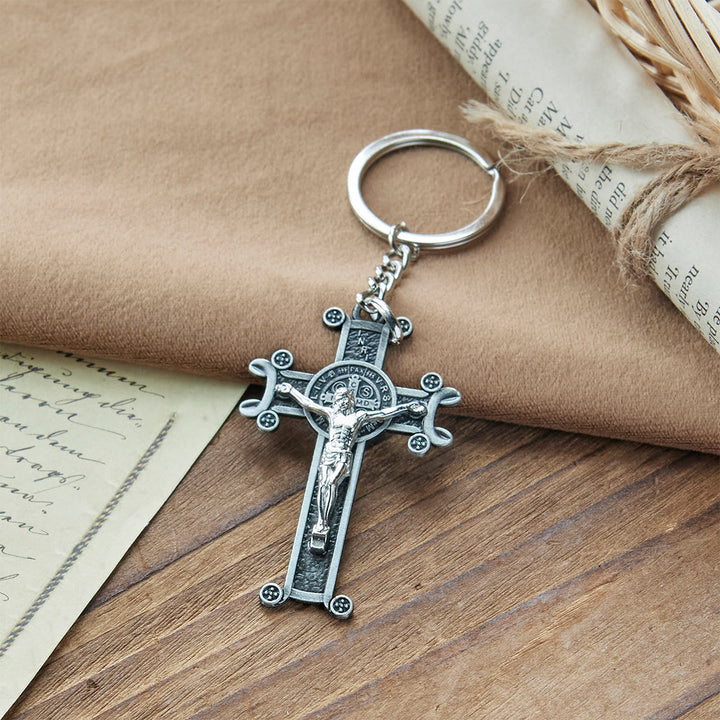 Christianartworkshop Antique Green & Antique Silver Crucifix with St. Benedict Keychain - image 8