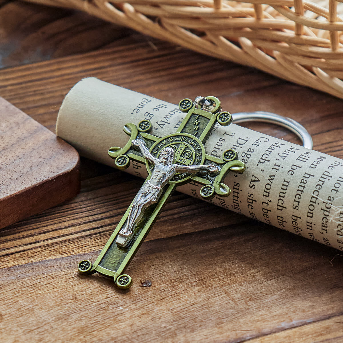 Antique Green & Silver Crucifix Keychain with St. Benedict Medal