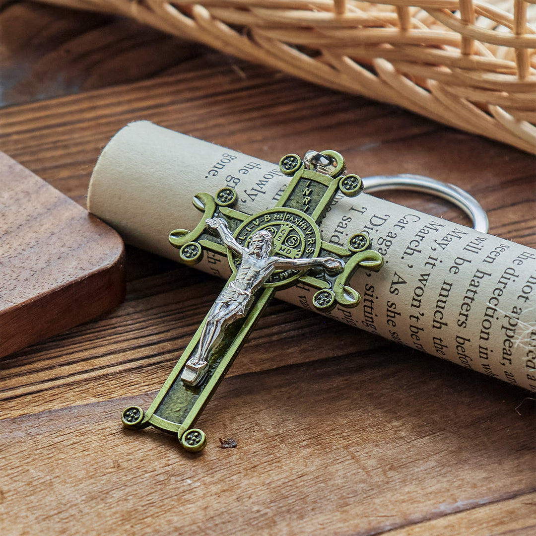 Christianartworkshop Antique Green & Antique Silver Crucifix with St. Benedict Keychain - image 5