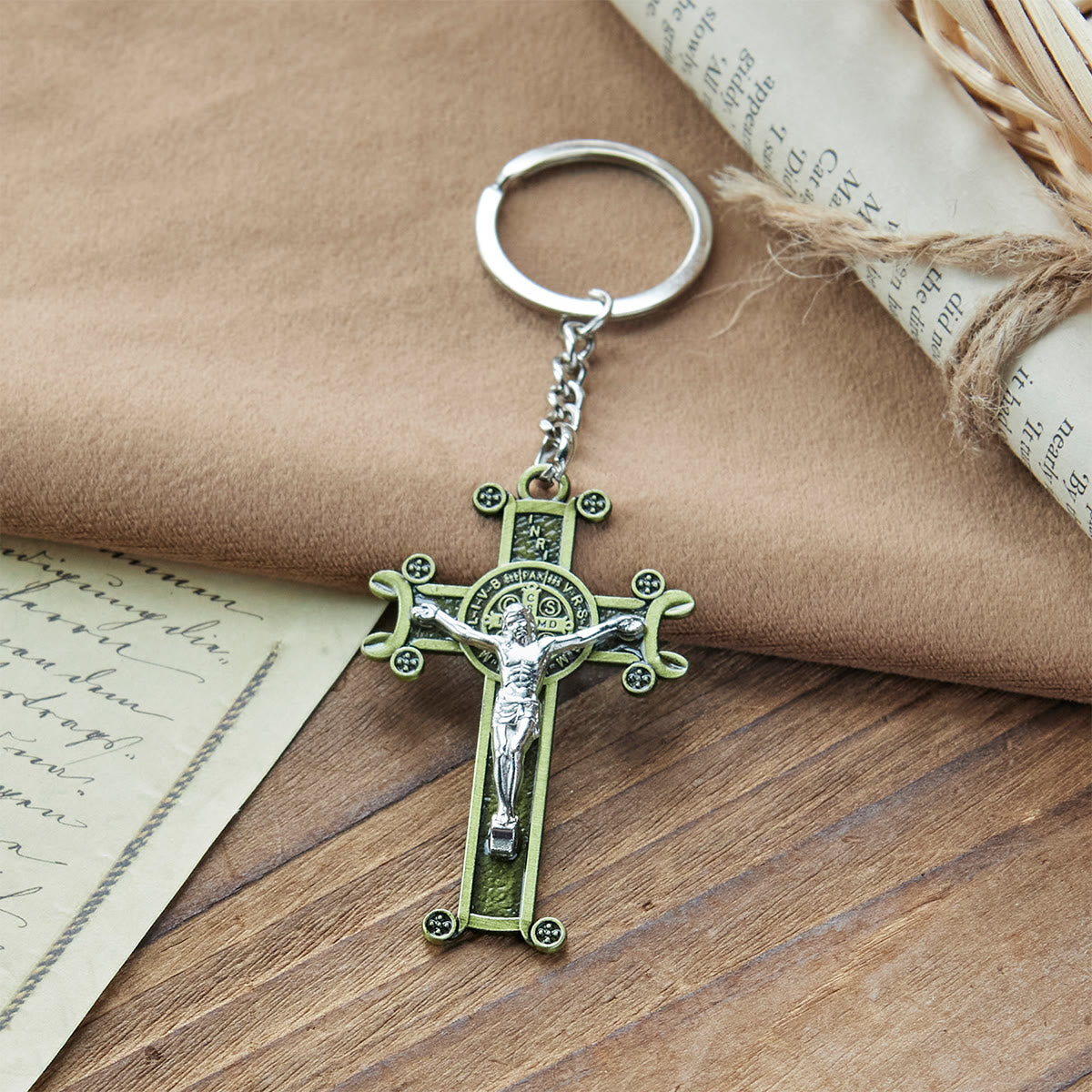 Antique Green & Silver Crucifix Keychain with St. Benedict Medal