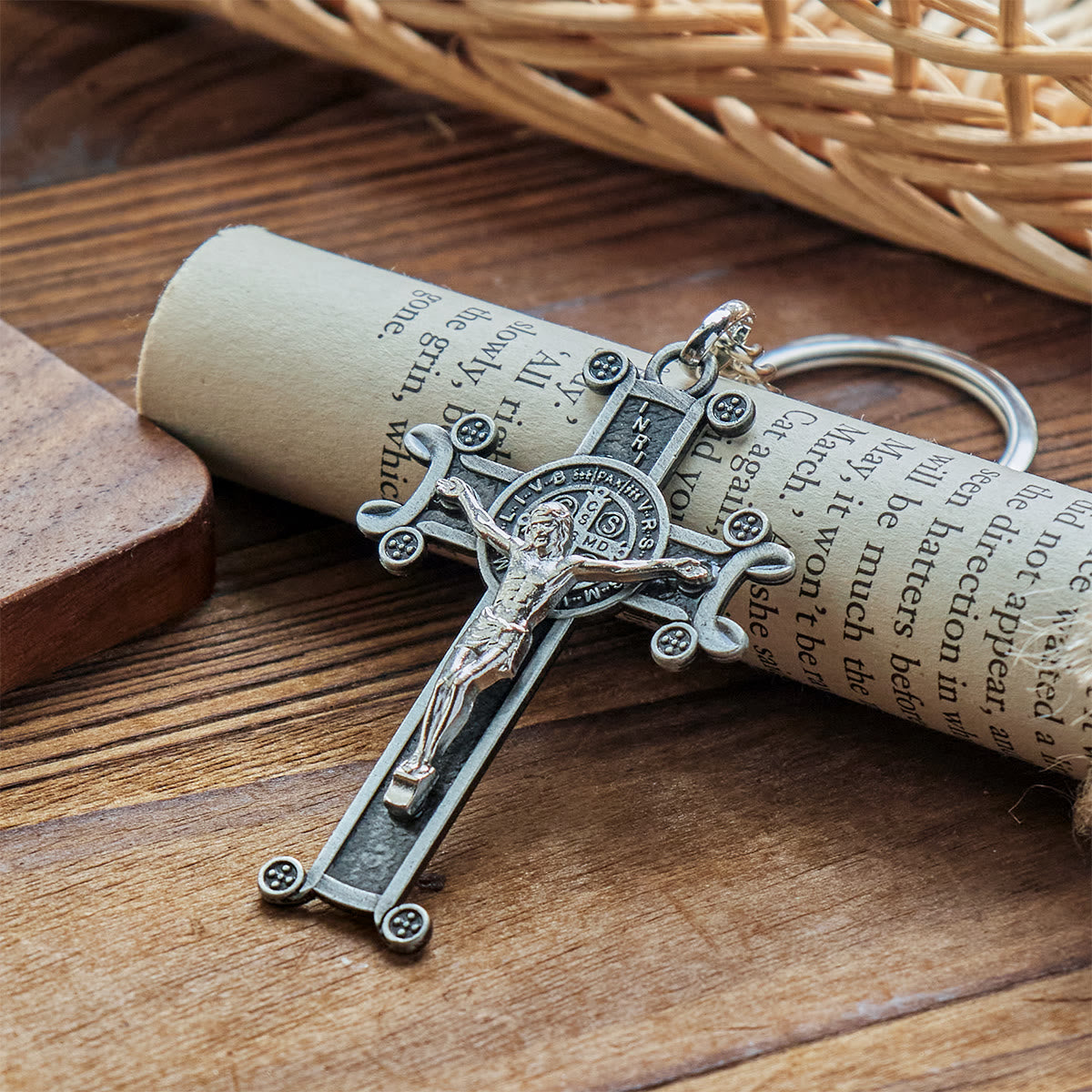 Antique Green & Silver Crucifix Keychain with St. Benedict Medal