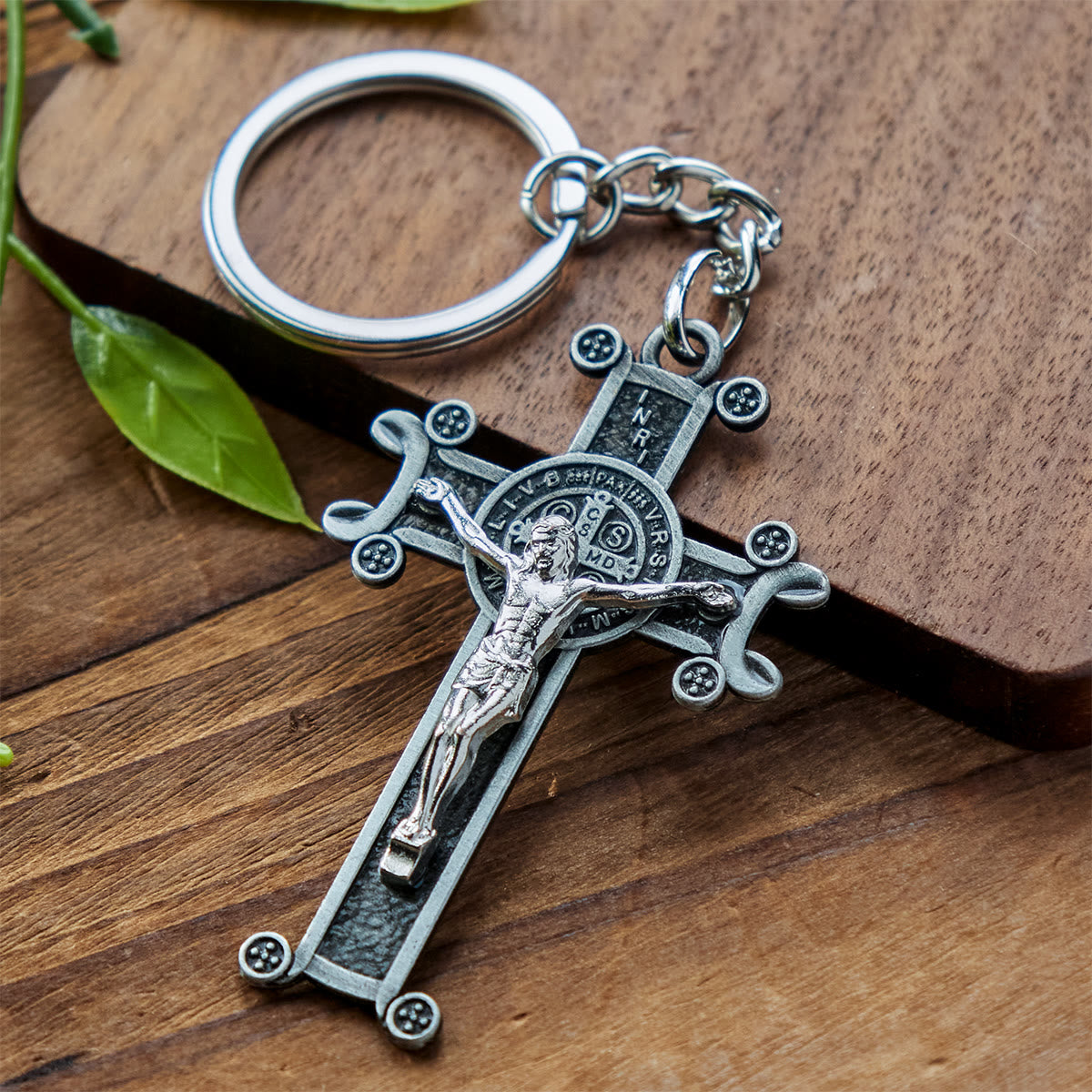 Antique Green & Silver Crucifix Keychain with St. Benedict Medal