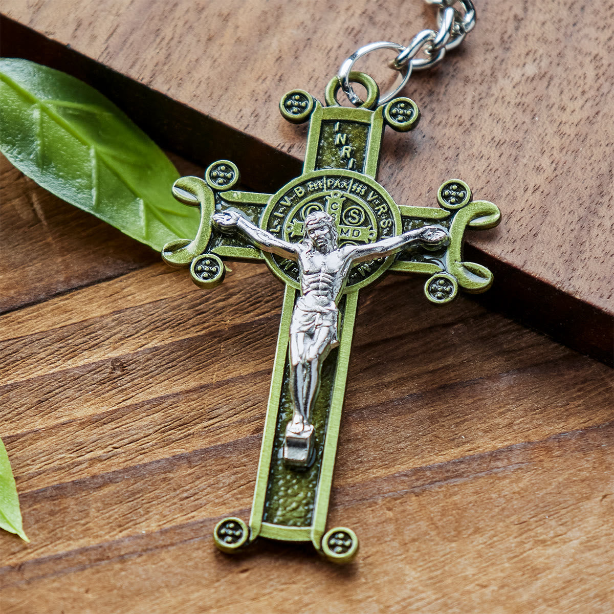 Antique Green & Silver Crucifix Keychain with St. Benedict Medal