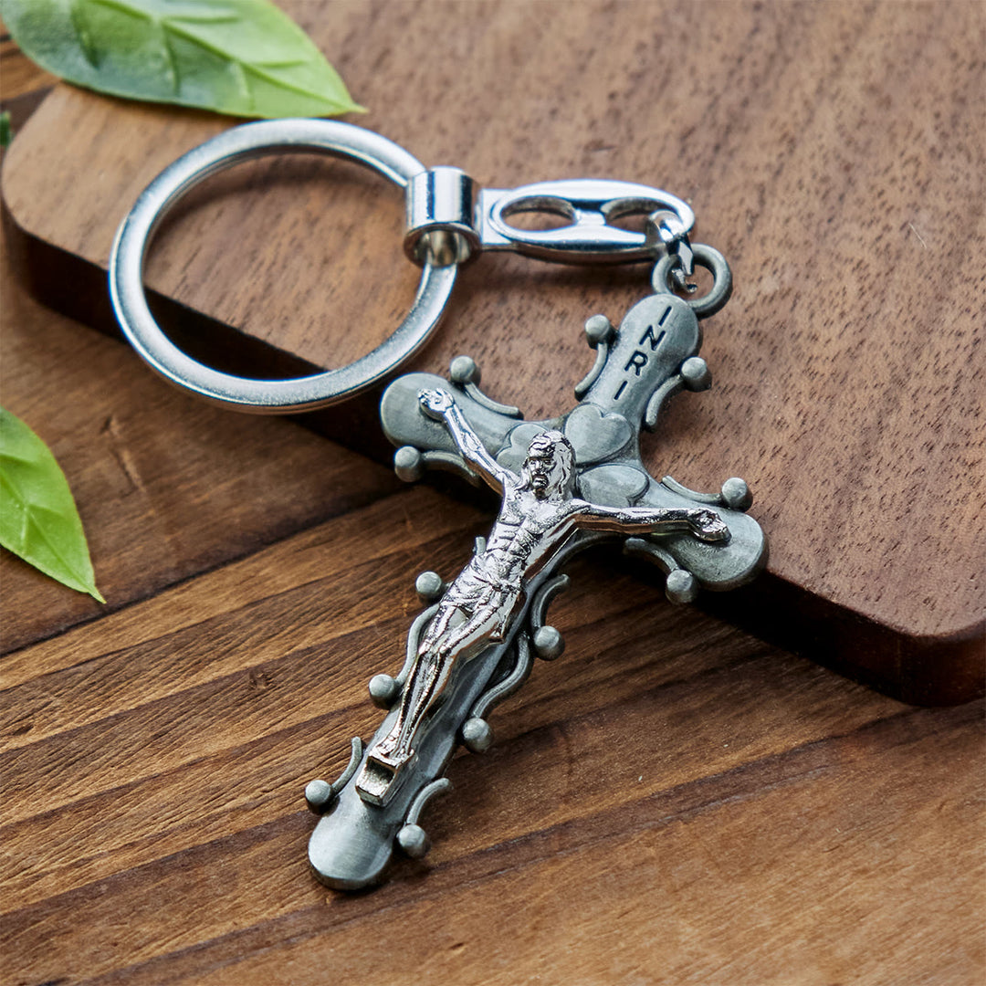 Christianartworkshop Golden & Antique Pewter Crucifix Keychain with Beaded Edge Design - Antique Silver - image 1
