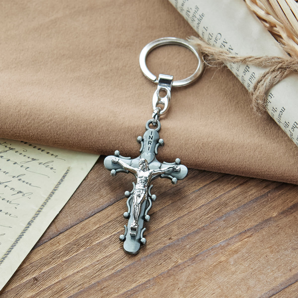 Golden & Antique Pewter Crucifix Keychain with Beaded Edge