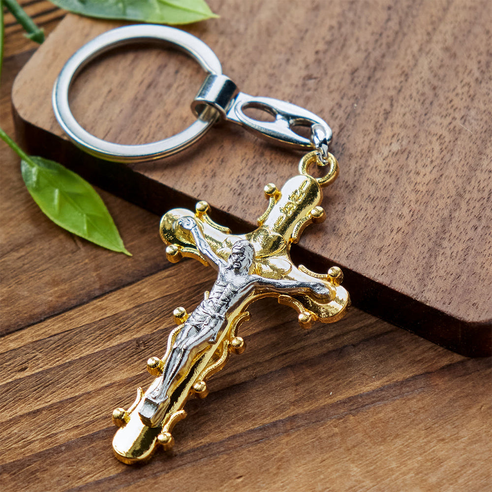 Christianartworkshop Golden & Antique Pewter Crucifix Keychain with Beaded Edge Design - Golden - image 2