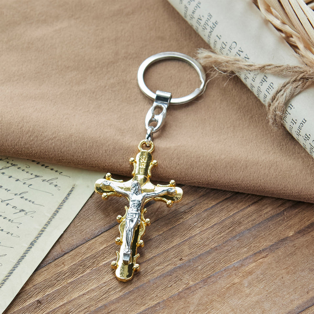 Christianartworkshop Golden & Antique Pewter Crucifix Keychain with Beaded Edge Design - image 8