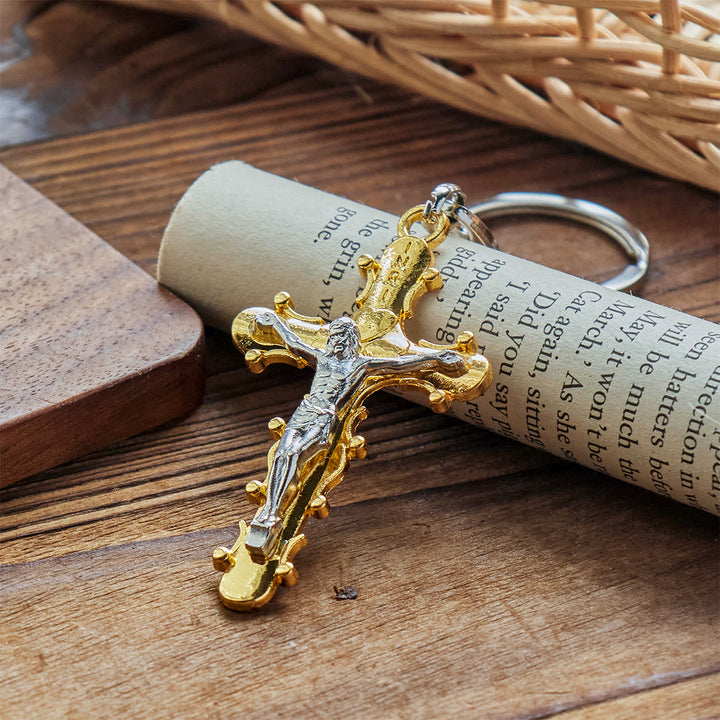 Christianartworkshop Golden & Antique Pewter Crucifix Keychain with Beaded Edge Design - image 4