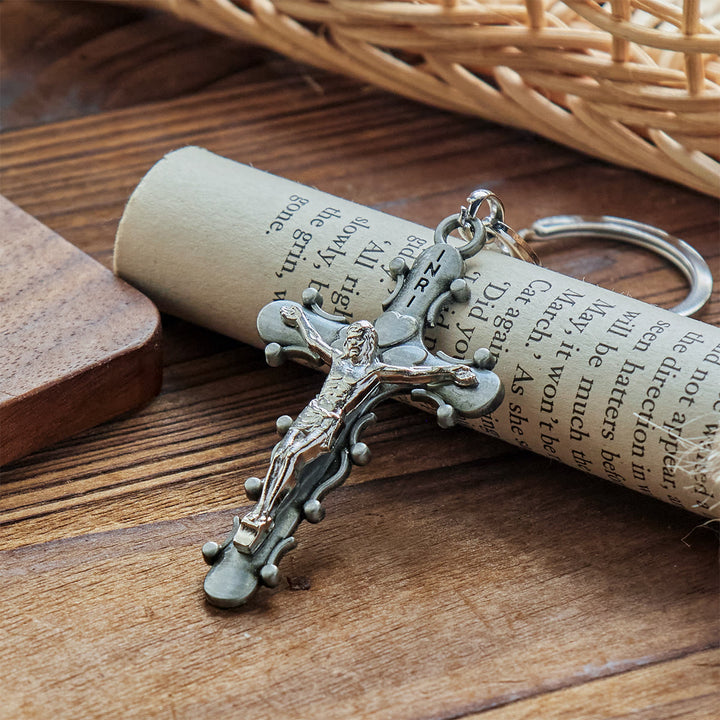 Christianartworkshop Golden & Antique Pewter Crucifix Keychain with Beaded Edge Design - image 3