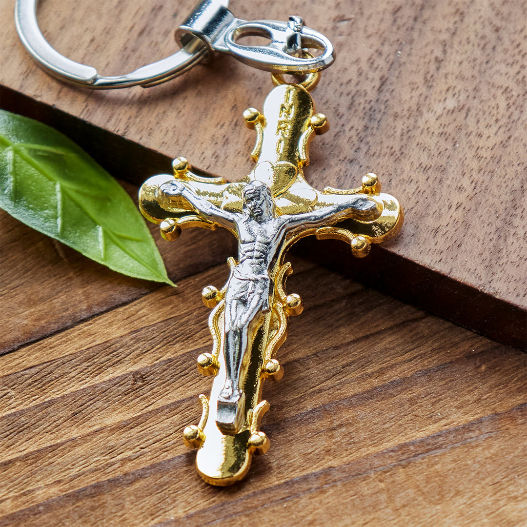 Christianartworkshop Golden & Antique Pewter Crucifix Keychain with Beaded Edge Design - image 6