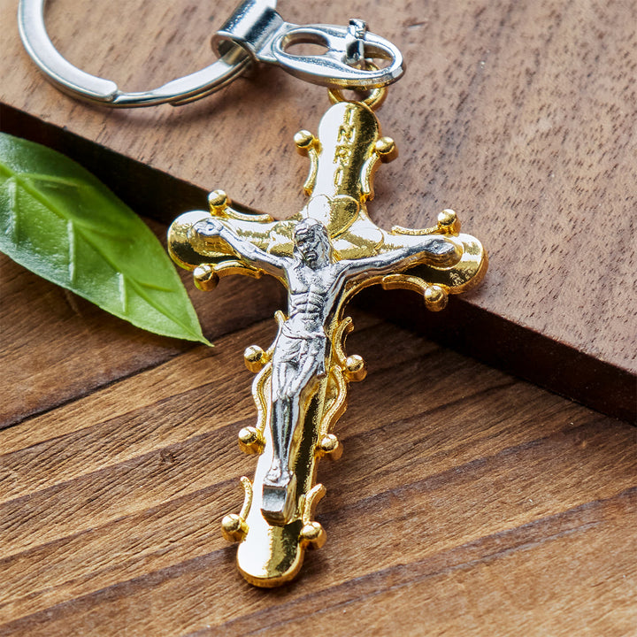 Christianartworkshop Golden & Antique Pewter Crucifix Keychain with Beaded Edge Design - image 6