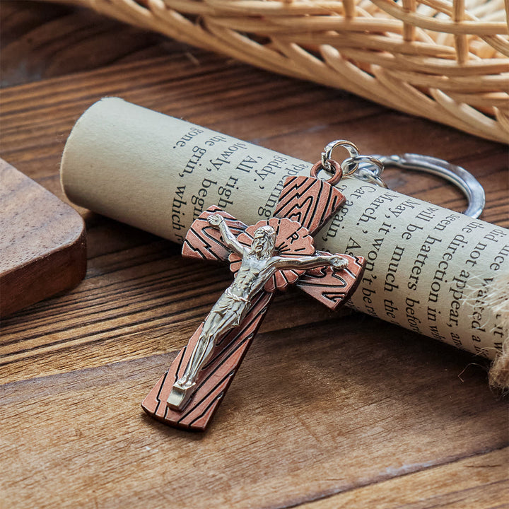 Christianartworkshop Antique Style Tri-color Woodgrain Crucifix Keychain: Radiant Faith in Every Carry - image 4