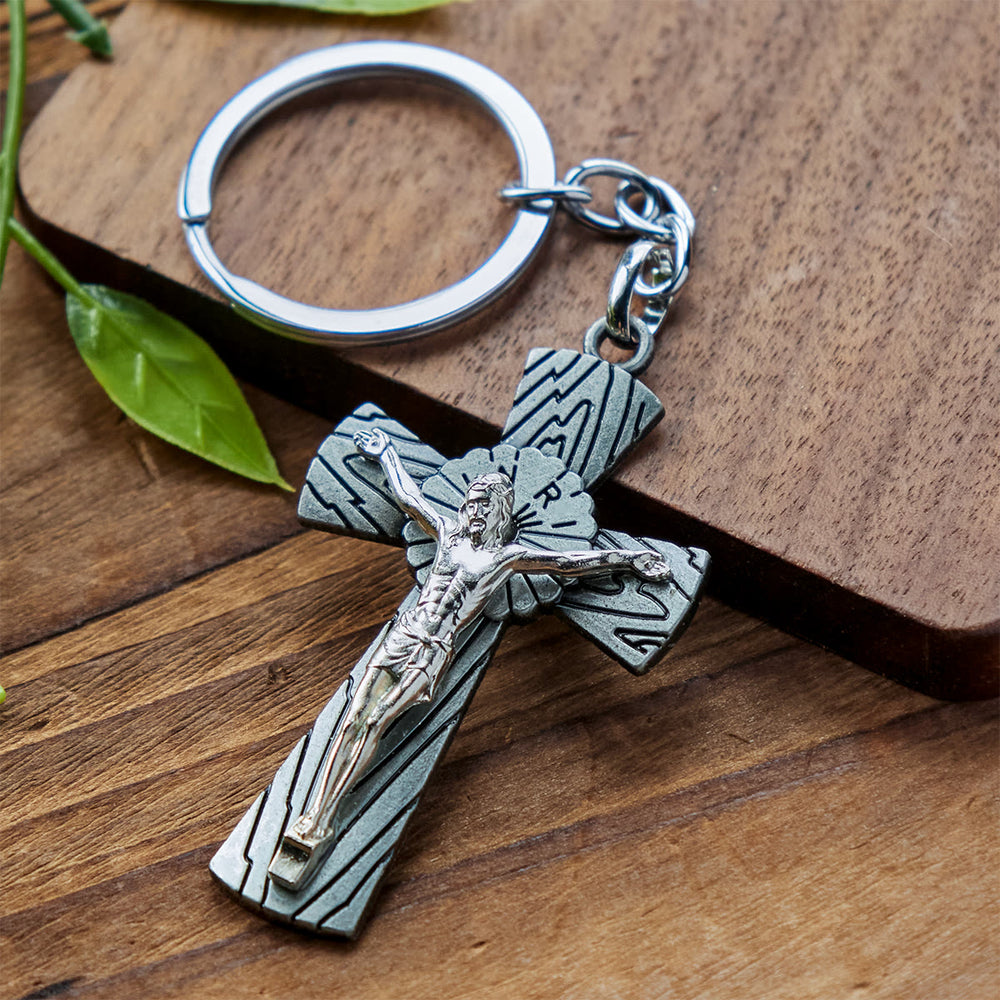 Christianartworkshop Antique Style Tri-color Woodgrain Crucifix Keychain: Radiant Faith in Every Carry - Antique Pewter - image 2