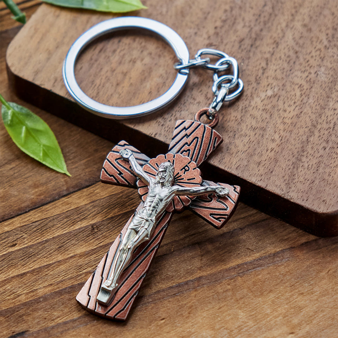 Christianartworkshop Antique Style Tri-color Woodgrain Crucifix Keychain: Radiant Faith in Every Carry - Antique Red - image 1