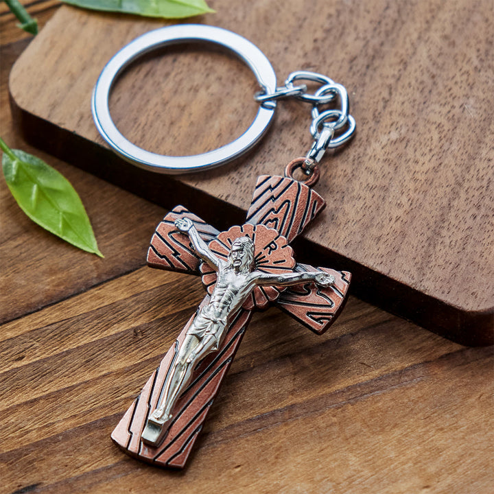Christianartworkshop Antique Style Tri-color Woodgrain Crucifix Keychain: Radiant Faith in Every Carry - Antique Red - image 1