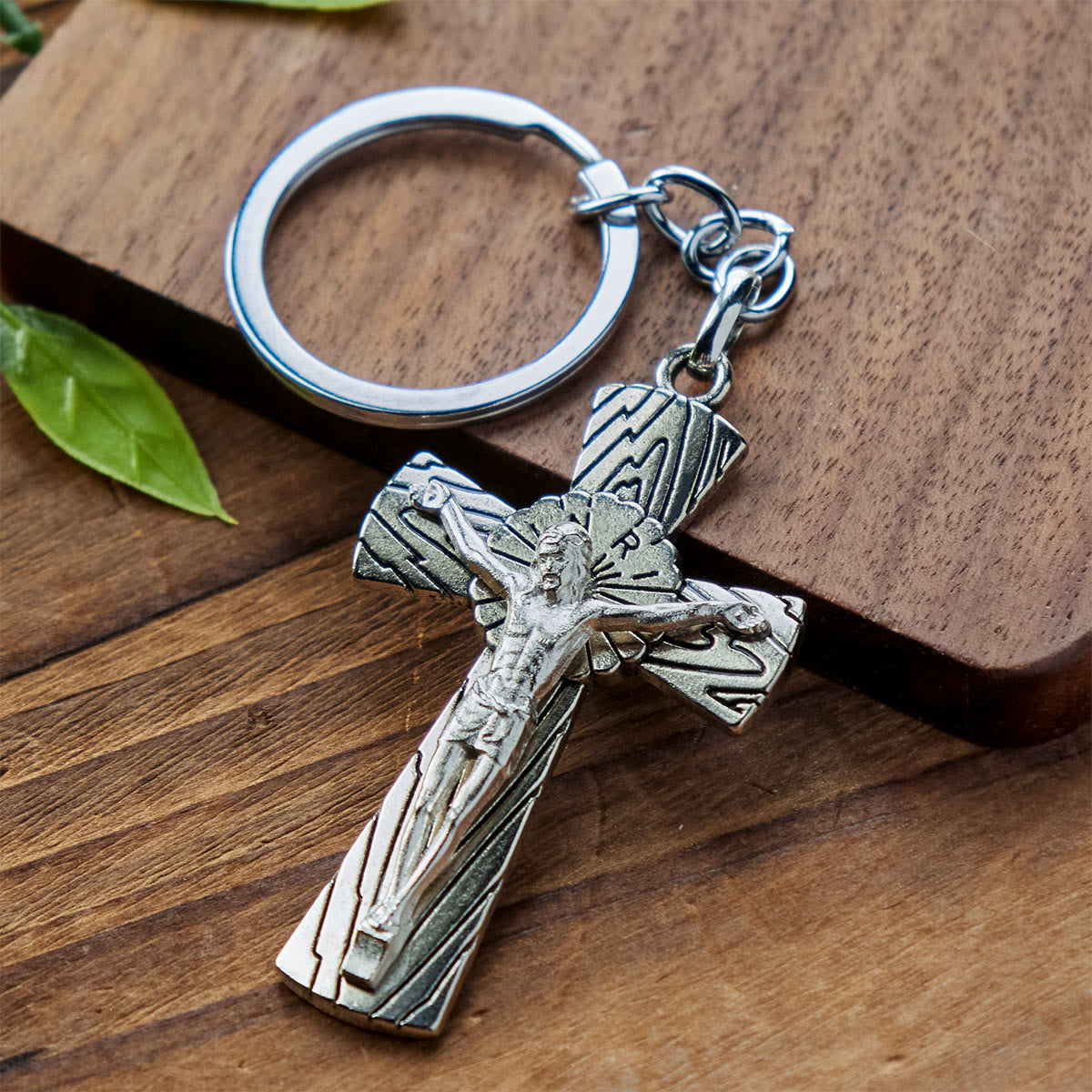 Antique Style Tri-color Woodgrain Crucifix Keychain | Christian