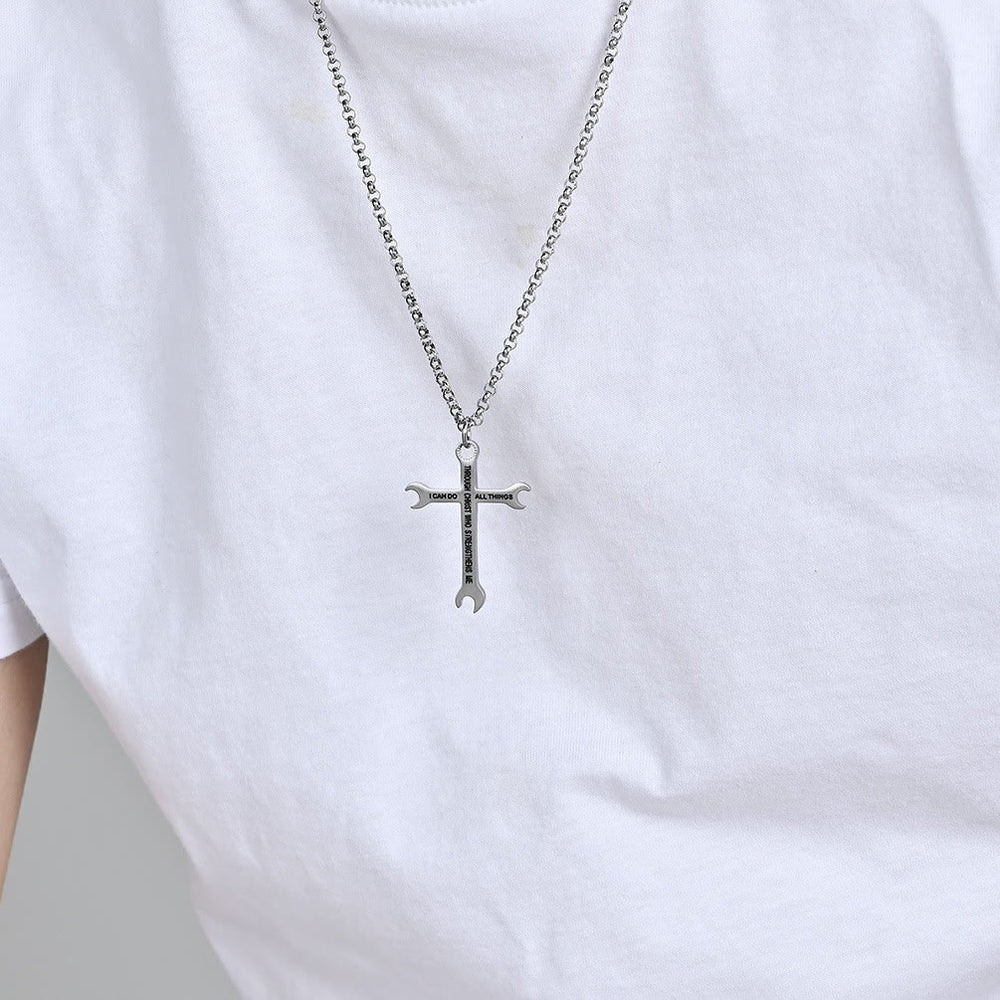 Christianartworkshop Minimalist Tricolor Wrench Cross Necklace with Faith & Strength Bible Verse - image 2