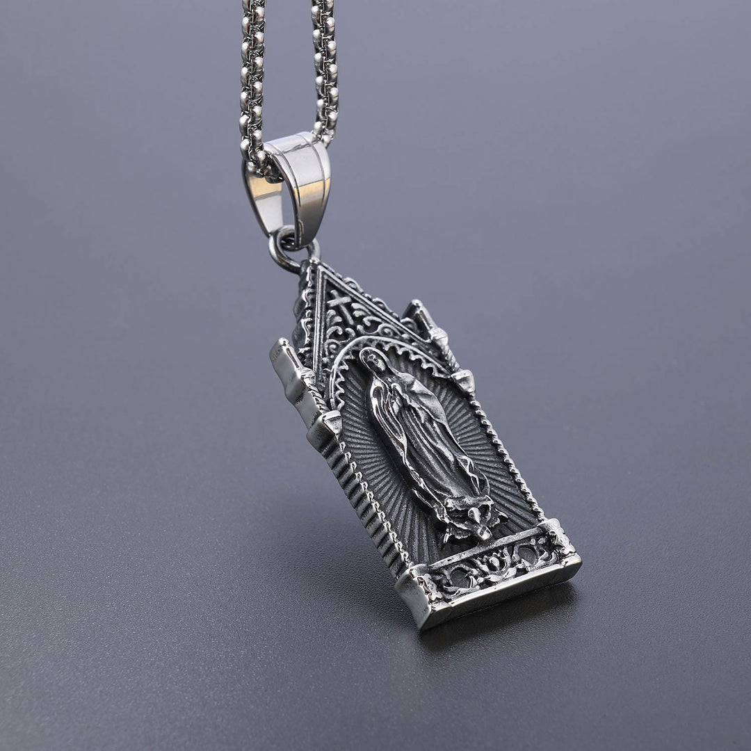 Christianartworkshop Antique Silver Virgin Mary Necklace in Gothic Cathedral Frame - image 3