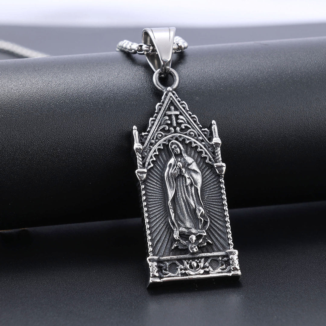 Christianartworkshop Antique Silver Virgin Mary Necklace in Gothic Cathedral Frame - Stainless Steel - image 1