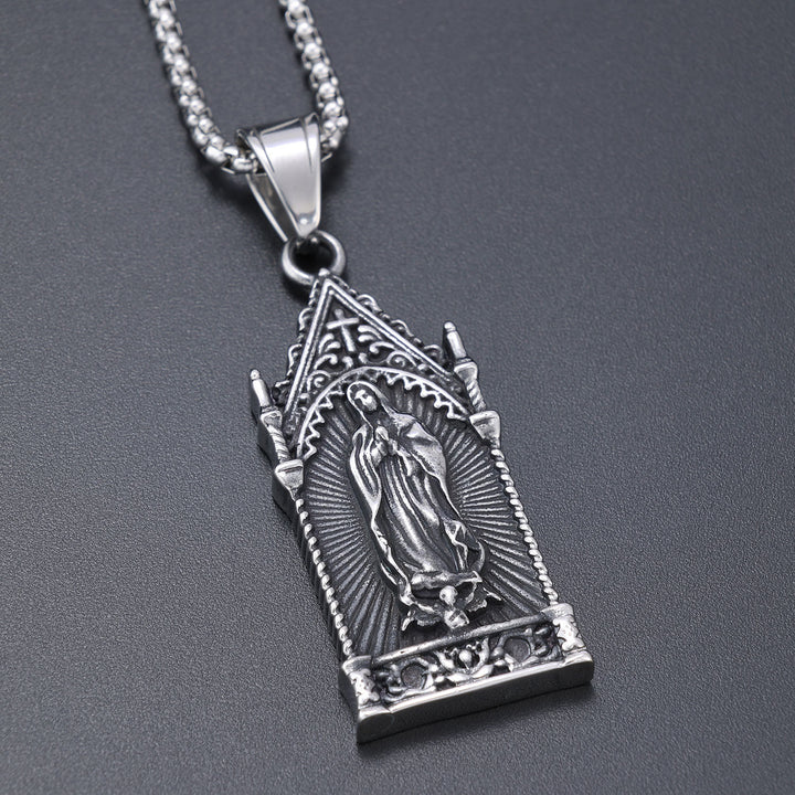 Christianartworkshop Antique Silver Virgin Mary Necklace in Gothic Cathedral Frame - image 2