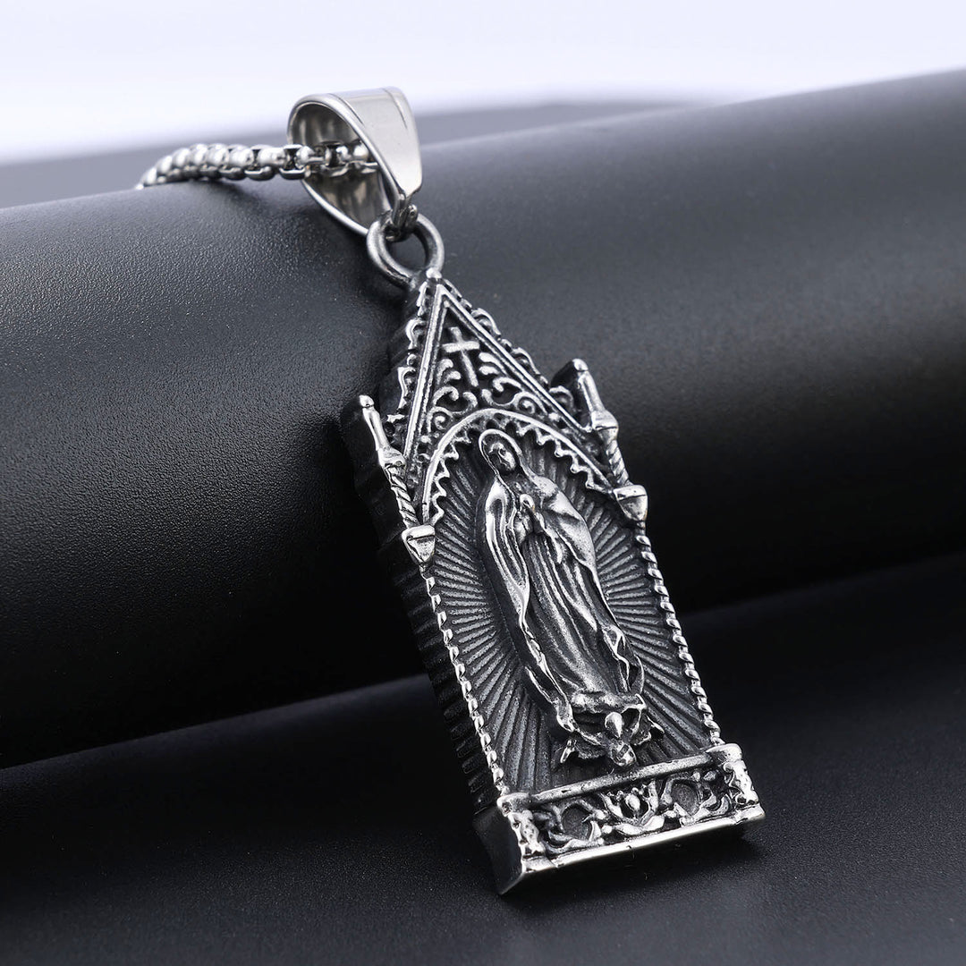 Christianartworkshop Antique Silver Virgin Mary Necklace in Gothic Cathedral Frame - image 4