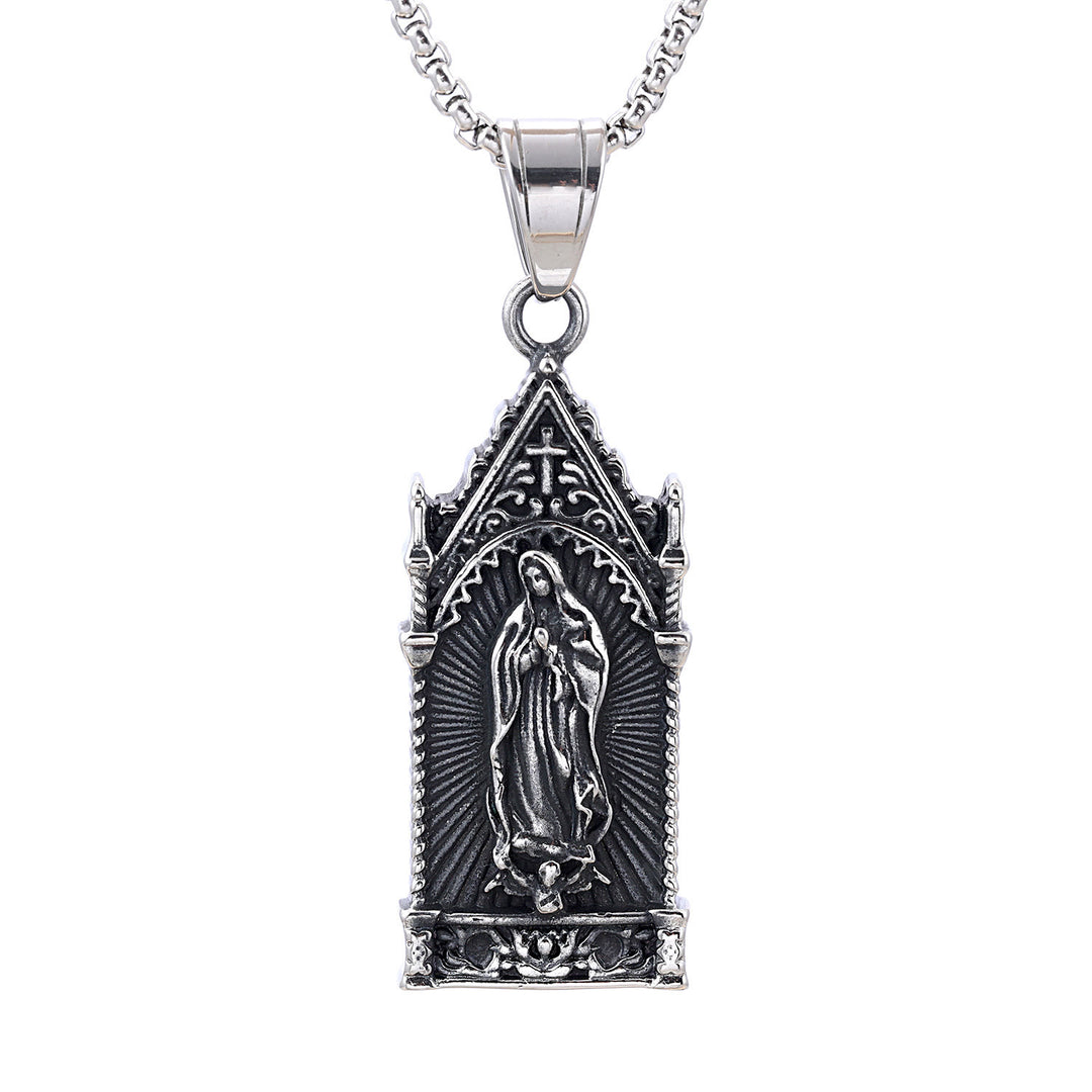 Christianartworkshop Antique Silver Virgin Mary Necklace in Gothic Cathedral Frame - image 5