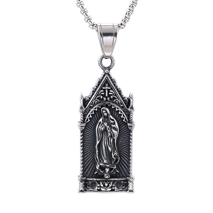 Christianartworkshop Antique Silver Virgin Mary Necklace in Gothic Cathedral Frame - image 5