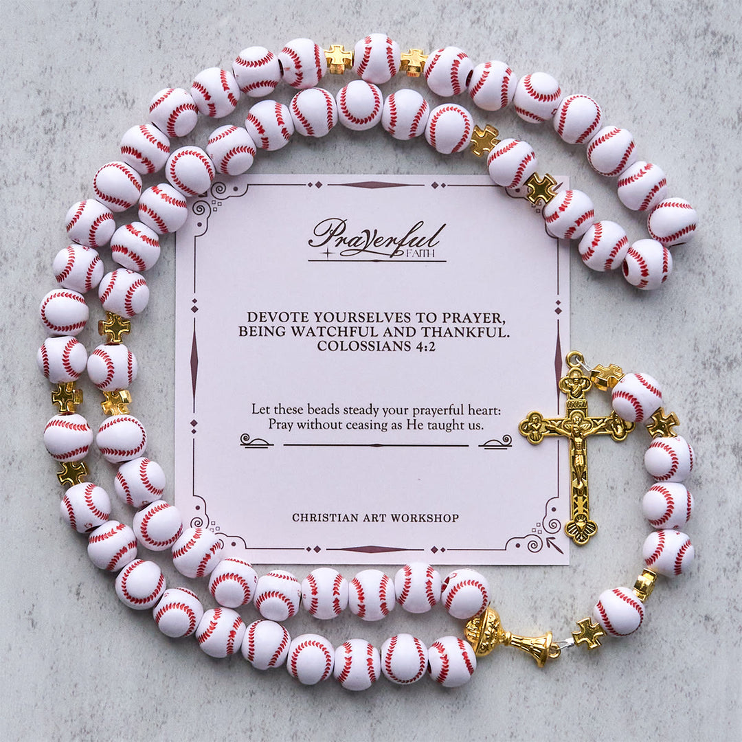 Christianartworkshop PRAYERFUL FAITH: Blessed Miniature Baseball Beads Rosary with Golden Holy Chalice & Crucifix - PRAYERFUL FAITH - image 1
