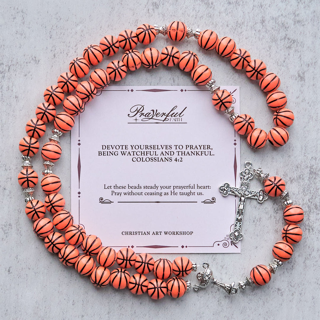 Christianartworkshop PRAYERFUL FAITH: Sports Prayer Basketball Beads Rosary with Silver Holy Chalice & Crucifix - PRAYERFUL FAITH - image 1